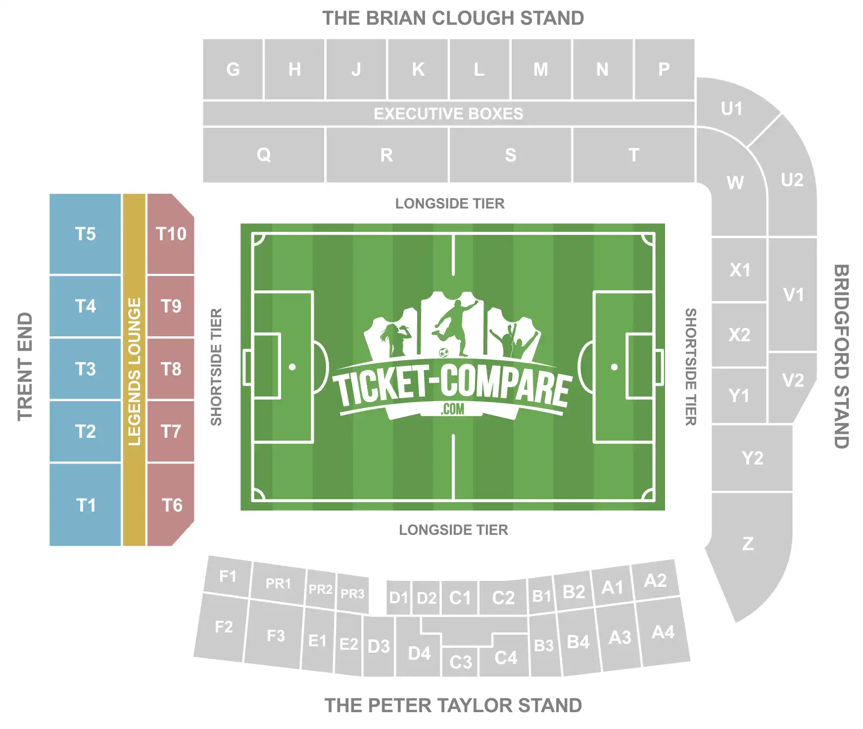 Screenshot of City Ground stadium Seating plan with the Trent End stand highlighted