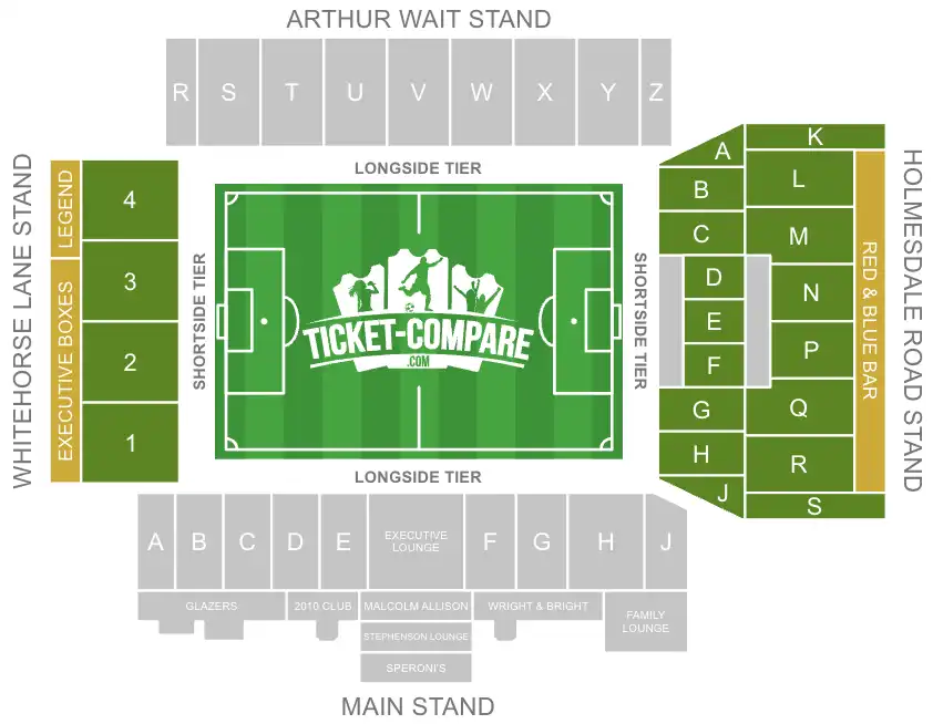 Screenshot af Selhurst Park Seating plan med Holmesdale Road og Whitehorse Lane markeret