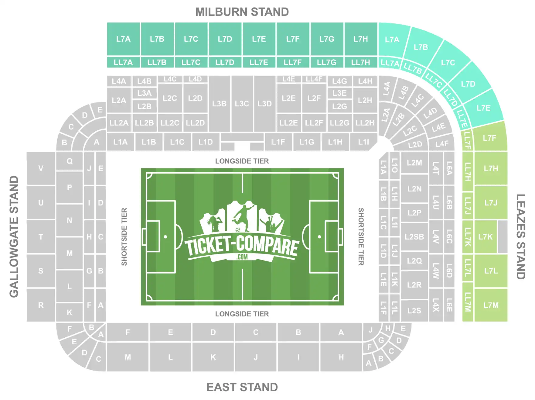 Udklip af St James Park stadionplads med L7 og LL7 markeret