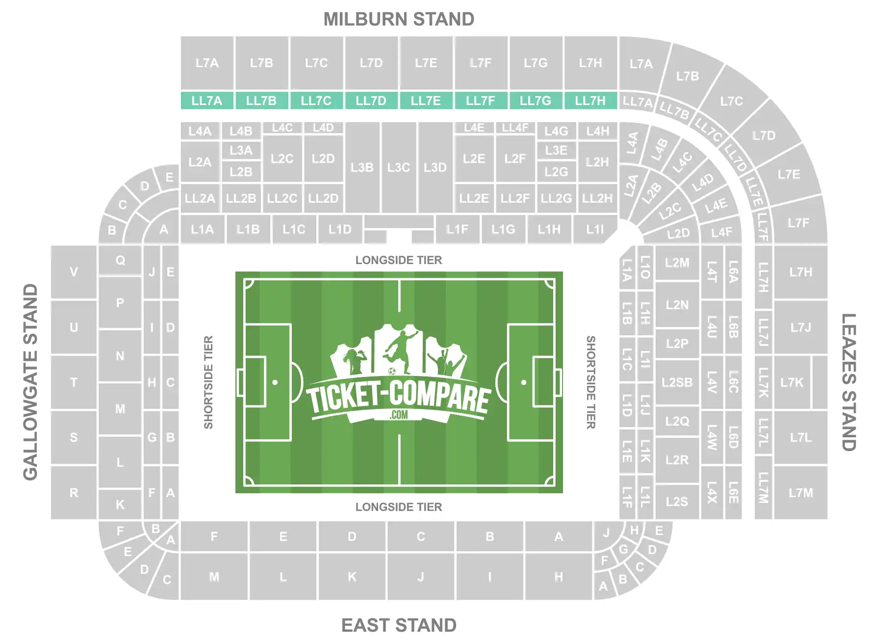 Udklip af St James Park stadionplads med LL7A-LL7H markeret