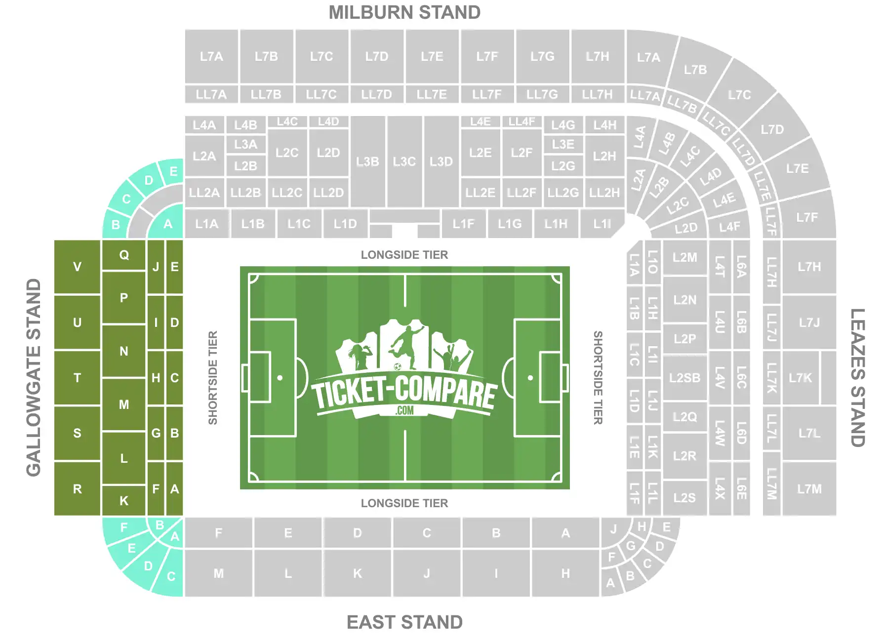 Udklip af St James Park stadionplads med Gallowgate markeret