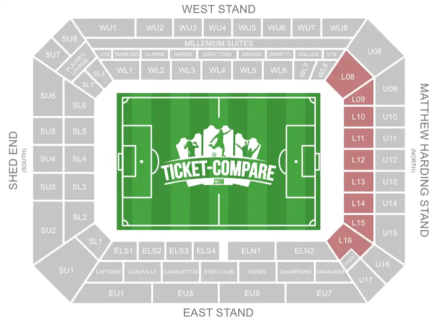 Stamford Bridge seating plan med markeret L08-L16