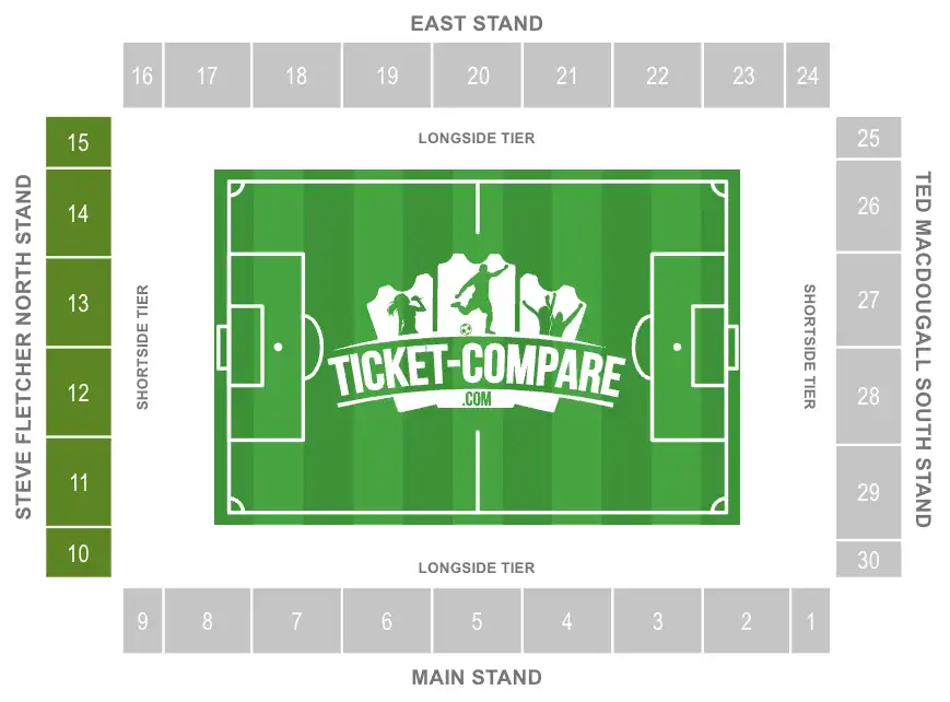 Skjermbilde av Vitality Stadium-plankart med North Stand uthevet