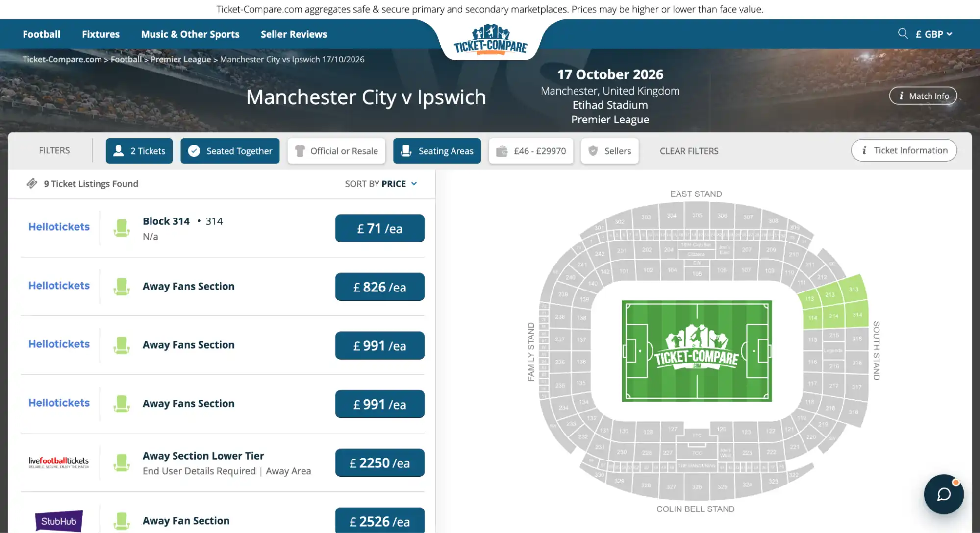 skjermdump Manchester City v Ipswich billetter